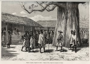 Palabre a Aouabou (Fildişi Sahili). Yazarın bir portresi ile Anno mahkemesindeki ticari anlaşmanın imzası. Riou tarafından gravür, Kaptan Louis Gustave Binger (1856-1936), 1887-1