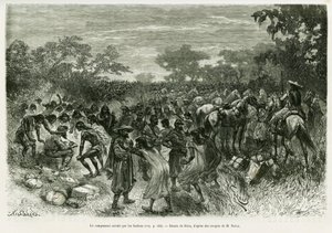 Kamp Kızılderililer tarafından işgal edildi. Voyage dans le Chaco Boreal hikayesini göstermek için Riou tarafından yapılan gravür by Edouard Riou