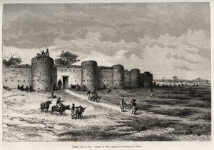 Surları ve kil kuleleri ile Tiong-Gi kasabası (Tiong Gi, Mali). Riou tarafından gravür, Kaptan Louis Gustave Binger