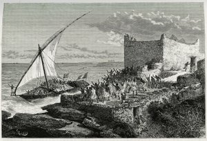 Moguedouchou (Mogadişu) limanına giren yolcuların gübresi ile denizciler, kendilerini coşkuyla karşılayan insanları cezbetmek için büyük bir gürültü koparırlar. “” Voyage chez les Benadir, les somalis et hikayesini göstermek için Riou tarafından yapılan gr by Edouard Riou