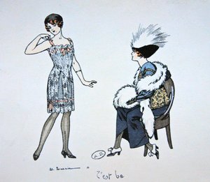 Bir müşteriye bir slip gösteren manken, c.1912 (renkli lito)