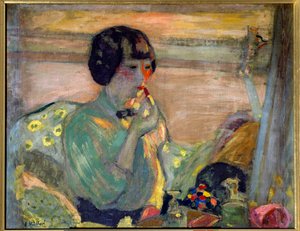 Fransız komedyen Marthe Mellot (1870-1947) makyaj yapıyor, 20. yüzyıl. Paris, Champs Elysees Komedisi (tuval üzerine yağlı boya) by Edouard Vuillard