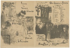 La Revue Blanche reklamını ve Au-dessus des force humaines oyununun duyurusunu içeren kapak programı kitapçığı Lisez la revue blanche Au-dessus des force humaines by Edouard Vuillard