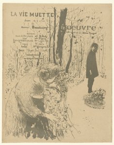 Rollerin ve aktörlerin listesinin yer aldığı La vie muette oynamak için parkta iki çocuklu bir kadın ve bir adamla program kitapçığı için kapak La vie muette by Edouard Vuillard