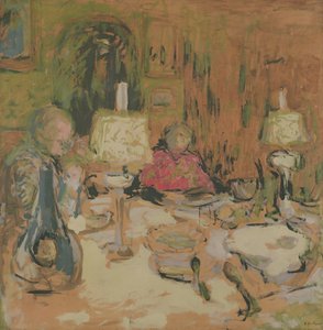 İki Lambalı Akşam Yemeği, rue de Calais, 1913 (kahverengi kağıt üzerinde distemper) by Edouard Vuillard