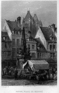 Place du Marche, Noyon, Oise, Picardy, Fransa kasabasında. Jean-Bernard Mary-Lafon (Jean Bernard Mary Lafon) tarafından “Antik ve Modern Fransa”da Willmann tarafından gravür