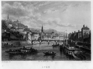 Lyon şehrinin görünümü, Rhone departmanı, Rhone-Alpes bölgesi, Fransa. Jean-Bernard Mary-Lafon (Jean Bernard Mary Lafon) tarafından “Antik ve Modern Fransa”da Willmann tarafından gravür