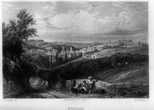 Morlaix şehrinin görünümü, Finistere, Brittany, Fransa. Jean-Bernard Mary-Lafon (Jean Bernard Mary Lafon) tarafından “Antik ve Modern Fransa”da Willmann tarafından gravür
