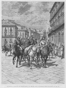 Avusturyalı müttefiklerinin ortasında I. Ferdinand'ın Napoli'sine giriş (gravür) by Edouardo Matania