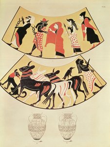 Bir rahip alayını betimleyen ve öküzle çizilmiş bir pulluk kullanarak yeni bir şehrin sınırlarını çizen bir Etrüsk vazodan tasarımlar by Eduard Gerhardt