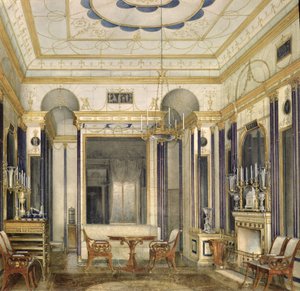 The Drawing Room of the Empress Maria Alexandrovna in the Great Palais in Tsarskoye Selo (wc, gouache und ink on paper) by Eduard Hau