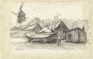 Tekne, evler ve bir yel değirmeni by Eduard Karsen