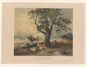 Bir manzarada oturan sığır figürleri Des Landmanns Mittagsruhe (nesne üzerindeki başlık) by Eduard Weixlgärtner