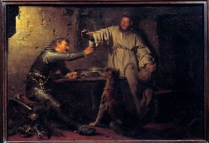 Bir tavernada bir keşişle kadeh kaldıran orta yaşlı savaşçı Resim Eduard von Grutzner (1846-1925) 1878 Güneş. 0,44x0,63 m Paris, Orsay Müzesi