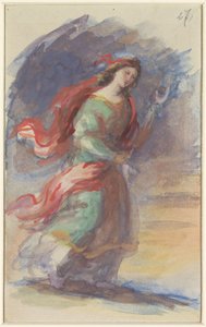 Karanlık bir arka plana karşı renkli çırpınan cüppeler içinde yürüyen genç kadın by Eduard von Heuss