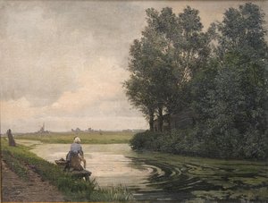 Hollandalı manzara. Bir kız bir kanal tarafından yıkar