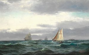 Birkaç gemi, gri yağmurlu bulutlar ve biraz mavi gökyüzü ile deniz by Edvard Skari