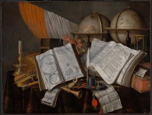 Bayrak, Şamdan, Müzik Aletleri, Kitaplar, Yazı Gereçleri, Küreler ve Kum Saati ile Bir Vanitas Natürmort by Edwaert Collier