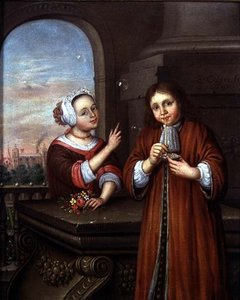 Mimari bir ortamda baloncuklar üfleyen bir çocuğu işaret eden kız by Edwaert Colyer or Collier