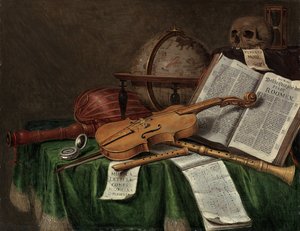 Vanitas astrolojik bir küre, bir keman, bir kafatası, bir kum saati, açık bir kitap, bir nota, bir saat, bir ud ve dökümlü bir masada diğer müzik aletleri ile natürmort, 1680