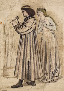 Kral Rene'nin yeni gelini tarafından izlenirken bir figürü yonttuğu sahne (kalem ve çini mürekkebi ile yıkama ve kağıt üzerine kurşun kalem) by Edward Coley Burne Jones