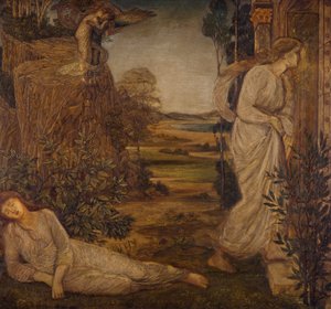 Aşk Tanrısı ve Ruh - Saray Yeşil Duvar Resimleri - Zephyrus, Ruhu Dağa Taşıyan, 1881 by Edward Burne Jones