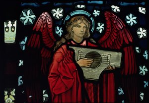 William Morris and Co. tarafından yapılan Melek Müzisyen detayı, 1882 vitray by Edward Burne Jones