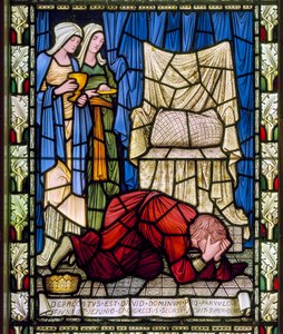 Kral David hasta çocuğunun yaşamı için ağlayıp dua ediyor ve ardından çocuğun ölümünü metanetle kabul ediyor, c.1896 (vitray) by Edward Burne Jones