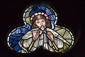 Wilden, All Saints, Morris & Co., Edward Burne-Jones, John Henry Dearle (1859-1932), Çift boru üfleyen Angels, Angel Musicians, 1902-1914, Louisa, Alfred, The Baldwins, Başbakan, Metodist, W