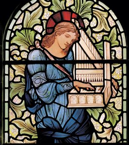 Wilden, All Saints, Morris & Co., Edward Burne-Jones, John Henry Dearle (1859-1932), St Cecilia, detay, 1902, Louisa, Alfred, The Baldwins, Başbakan, Metodist, Worcestershire, Sanat ve El Sanatları, R