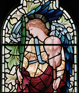 Wilden, All Saints, Morris & Co., Edward Burne-Jones, John Henry Dearle (1859-1932), The Minstrel Angel, Angel Musician, detay, 1902-1914, Louisa, Alfred, The Baldwins, Başbakan, Metodist, Wor
