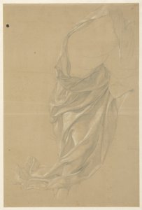 Sağa doğru adım atan bir figürün perdelik çalışması, pelerin başının üzerine atılmış by Edward Jakob von Steinle
