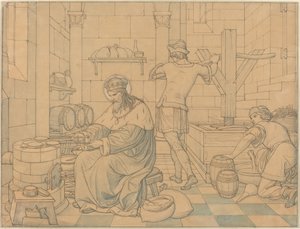 Saint Wenzel Cooking Hosts As Two Youths Press Wine by Edward Jakob von Steinle