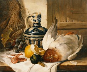 Dökümlü Çıkıntıda Yeşilbaş, Sürahi, Soyulmuş Limon, Üzüm ve Karides, by Edward Ladell