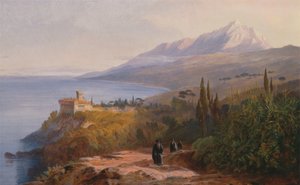 Athos Dağı ve Stavronikétes Manastırı, 1857. by Edward Lear