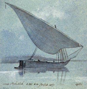 Malatieh (veya Malatia, Mısır) yakınlarında bir gyasi (Mısır teknesi) çalışması. Renkli suluboya çizim by Edward Lear