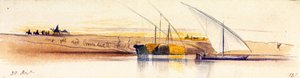 Nil kıyıları (Mısır), ikisi ağır saman yüklü üç gyassis ile arka planda, karakterler ve hayvanlar batan güneşte tasvir edilmiştir by Edward Lear