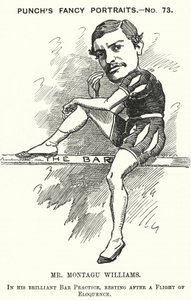 Punch karikatür: Montagu Williams, İngilizce öğretmeni, asker, aktör, oyun yazarı, avukat ve yargıç (gravür)