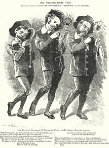 Yumruk karikatür: Zahmetli Üçlü: Lord Randolph Churchill, Henry Drummond Wolff ve Ellis Ashmead-Bartlett, İngiliz Muhafazakar politikacılar (gravür) by Edward Linley (after) Sambourne