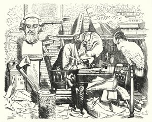 Punch karikatür: yazar çalışma odasında iş başında (gravür)