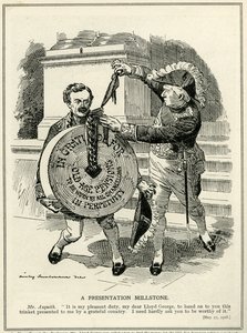 'Bir Sunum Millstone', Başbakan Asquith Maliye Bakanı Lloyd George'a Yaşlılık Emekli Maaşı planını sunar, 1908 by Edward Linley Sambourne