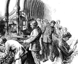 Genel Posta Ofisinin Londra altında kolileri taşımak için kullandığı pnömatik sevkıyatı gösteren gravür. Edward Linley Sambourne (1844-1910), İngiliz karikatürist ve illüstratör. 19. Yüzyıl Tarihli © UIG/Leemage by Edward Linley Sambourne