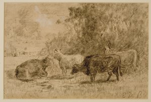 Dört İnekli Manzara, c. 1880'ler (kağıt üzerinde kömür) by Edward Mitchell Bannister