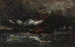Fırtına, Brenton Hafif teknesi fırtınada, deniz feneri arka planda, n.d.