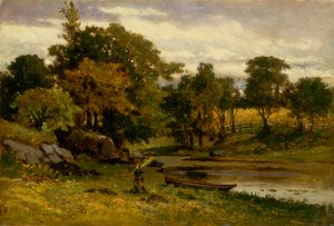 İsimsiz manzara, dere kenarında demirlemiş tekne, ön planda yürüyen adam, 1879. by Edward Mitchell Bannister