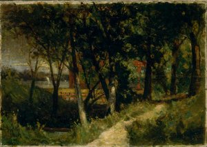 İsimsiz manzara, kırmızı çitli orman sahnesi ve bina, 1893. by Edward Mitchell Bannister