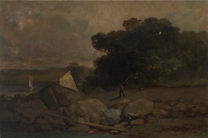 Kayaların, insanların ve yelkenli teknelerin olduğu isimsiz manzara, 1895. by Edward Mitchell Bannister