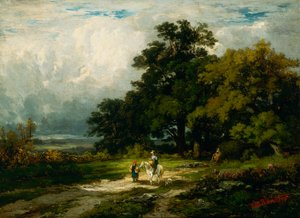 Kadın ve köpek ile atlı isimsiz adam. by Edward Mitchell Bannister