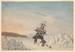 Buza saplanmış bir gemi ve gemiyi dört bağlama ile buza sabitleyen iki mürettebat üyesi by Edward Newell Harrison