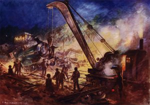 Bir demiryolu kazası mahallinden enkazı kaldıran vinç (renkli lito) by Edward Parick Kinsella